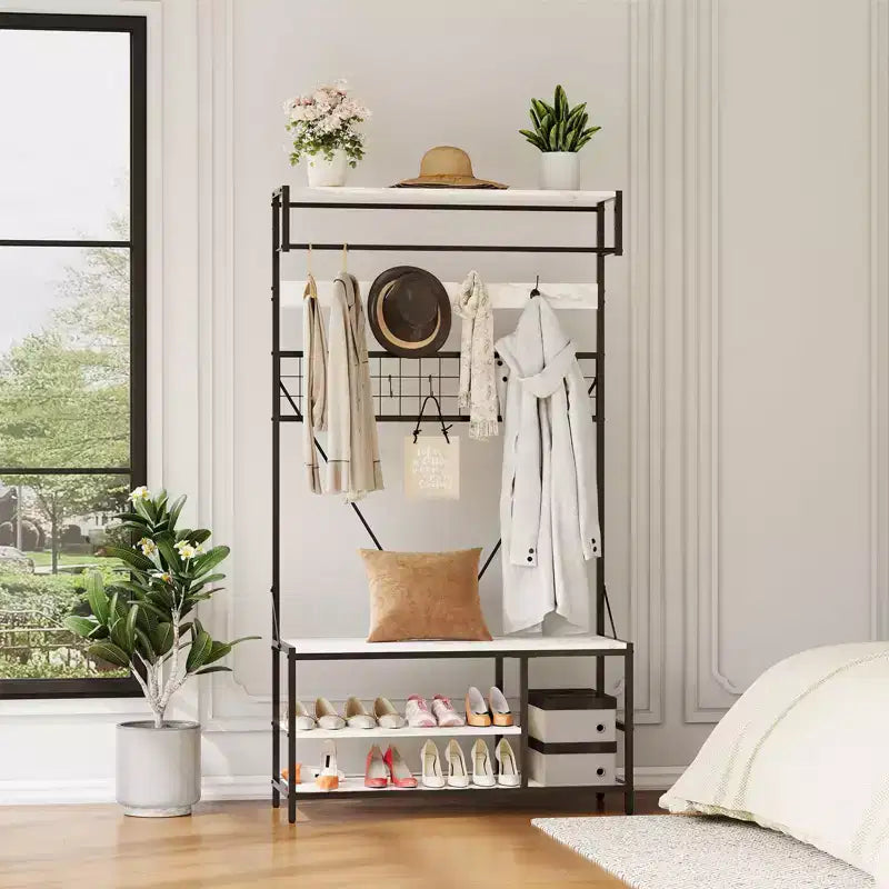 5-in-1 Entryway Hall Tree with Bench, Coat Rack, Adjustable Shoe Storage Shelf, Hanging Rod & 9 Hooks, for Hallway, Mudroom & Bedroom