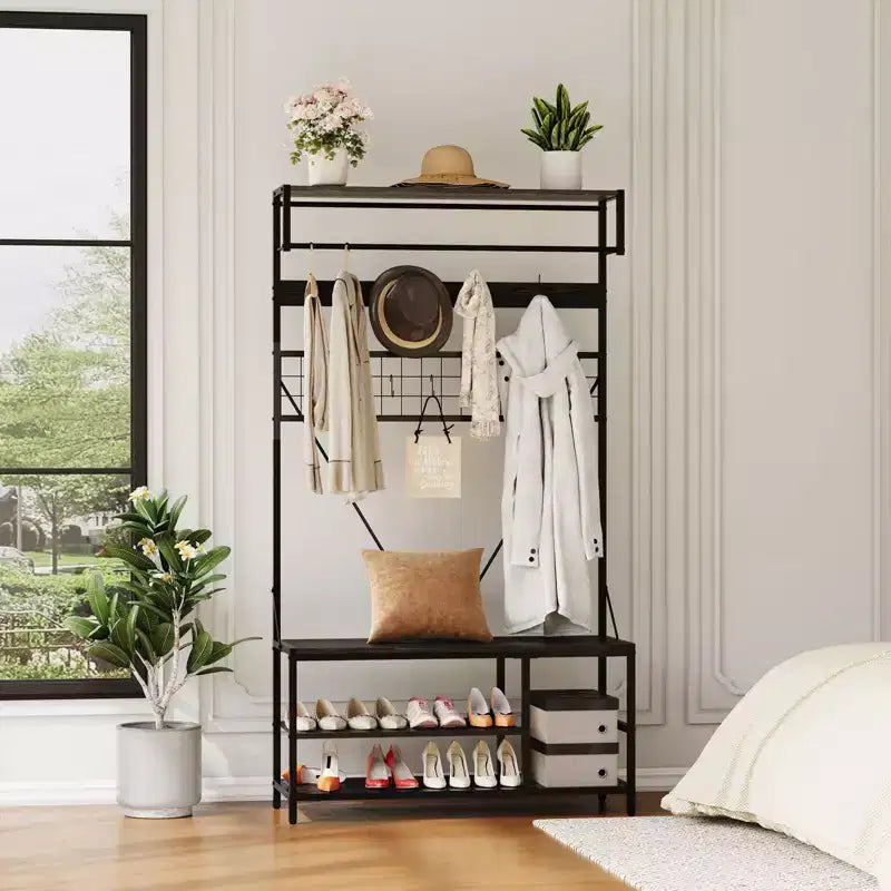 5-in-1 Entryway Hall Tree with Bench, Coat Rack, Adjustable Shoe Storage Shelf, Hanging Rod & 9 Hooks, for Hallway, Mudroom & Bedroom