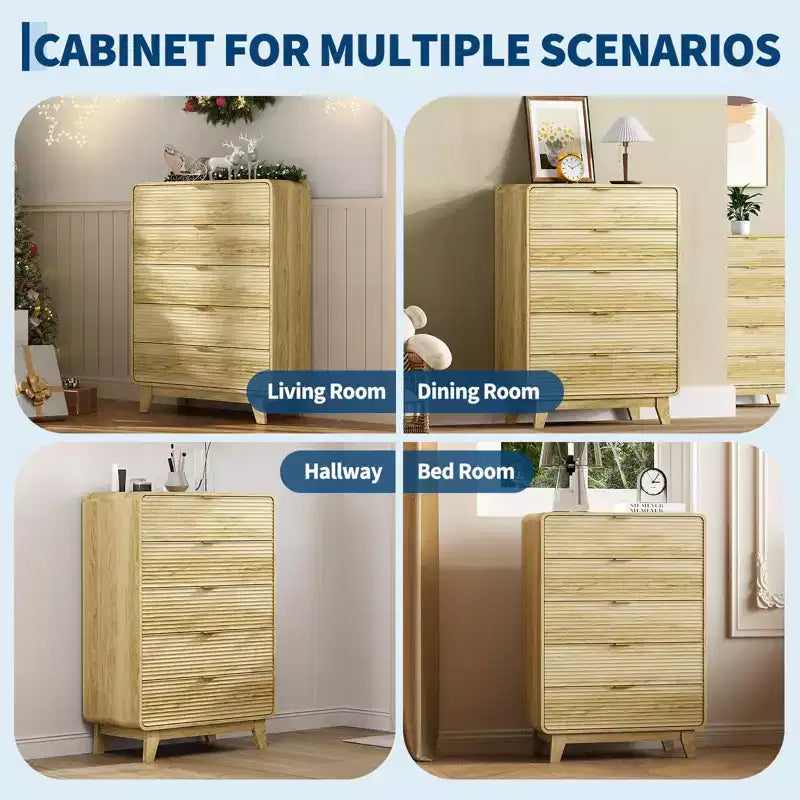 Wooden 5-Drawer Dresser with Gold-Tone Handles & Curved Silhouette, Contemporary Display Cabinet with Wood Legs for Living Room, Bedroom & Entryway