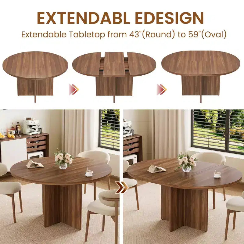 Acekool Extendable Round Dining Table for 4-8, Wooden Kitchen Table with Expandable Leaf, Oval Dining Room Table, Walnut