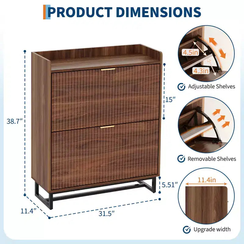 Acekool Narrow Shoe Storage Cabinet with 2 Flip Drawers, Wooden Hidden Shoe Rack Organizer for Entryway Hallway, Walnut