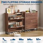 Acekool Narrow Shoe Storage Cabinet with 2 Flip Drawers, Wooden Hidden Shoe Rack Organizer for Entryway Hallway, Walnut