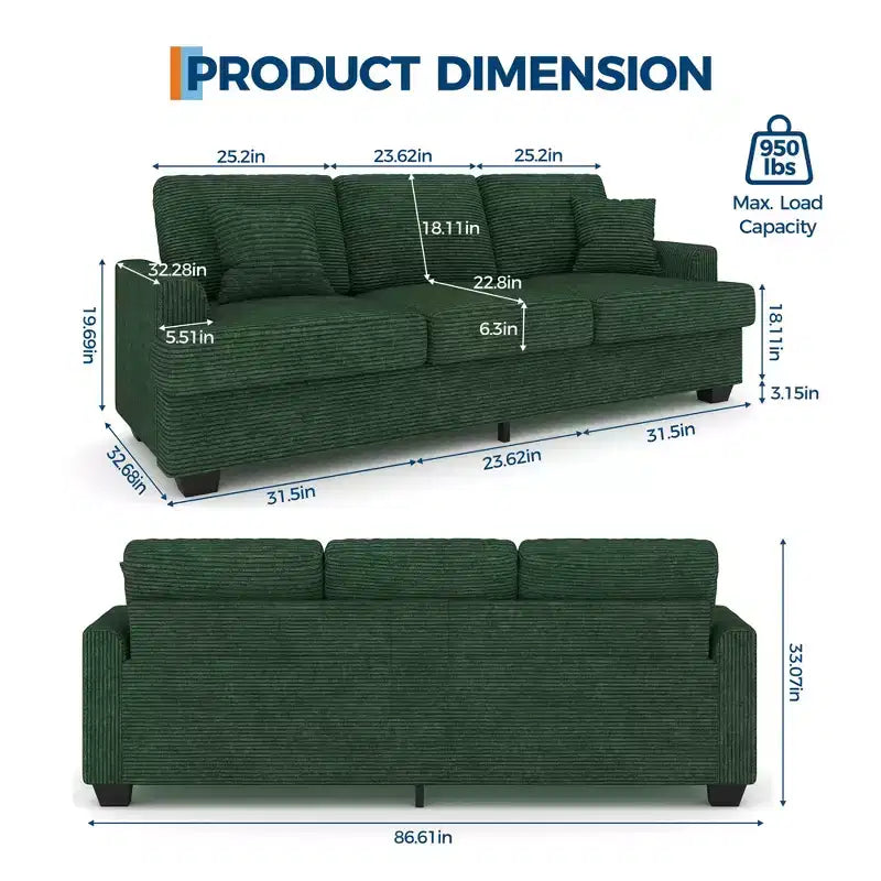 Canapé profond moderne de 86 pouces, rembourré confortable avec 2 coussins décoratifs et housses amovibles pour salon, appartement et petits espaces