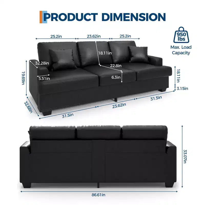 Canapé profond moderne de 86 pouces, rembourré confortable avec 2 coussins décoratifs et housses amovibles pour salon, appartement et petits espaces