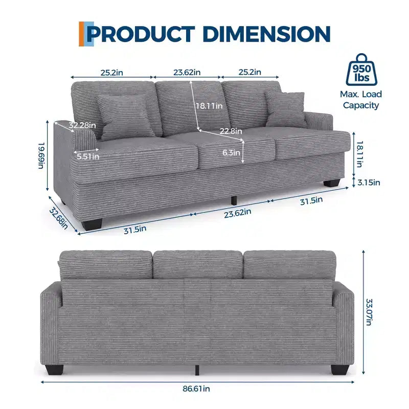Canapé profond moderne de 86 pouces, rembourré confortable avec 2 coussins décoratifs et housses amovibles pour salon, appartement et petits espaces