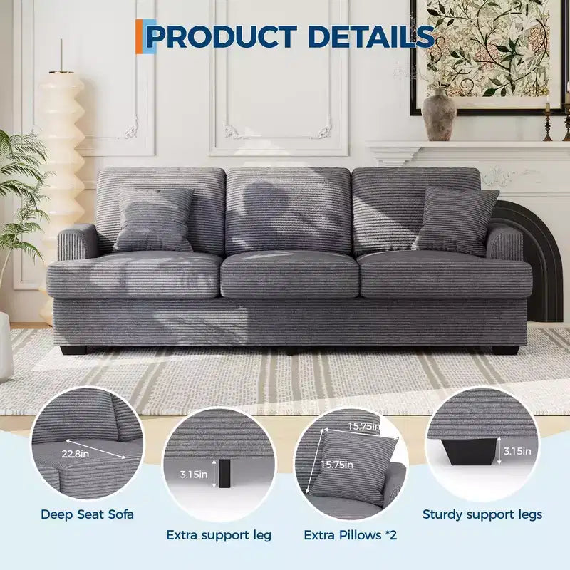 Canapé profond moderne de 86 pouces, rembourré confortable avec 2 coussins décoratifs et housses amovibles pour salon, appartement et petits espaces