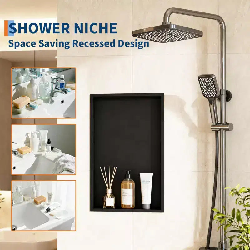Niche de douche en acier inoxydable noir mat moderne 60x30 cm, étagère murale encastrée à niveau unique, installation sans carrelage, rangement de salle de bain, noir mat