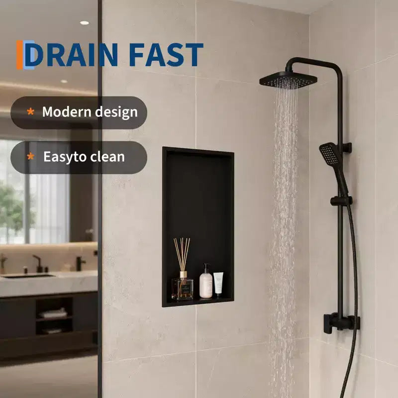 Niche de douche en acier inoxydable noir mat moderne 60x30 cm, étagère murale encastrée à niveau unique, installation sans carrelage, rangement de salle de bain, noir mat