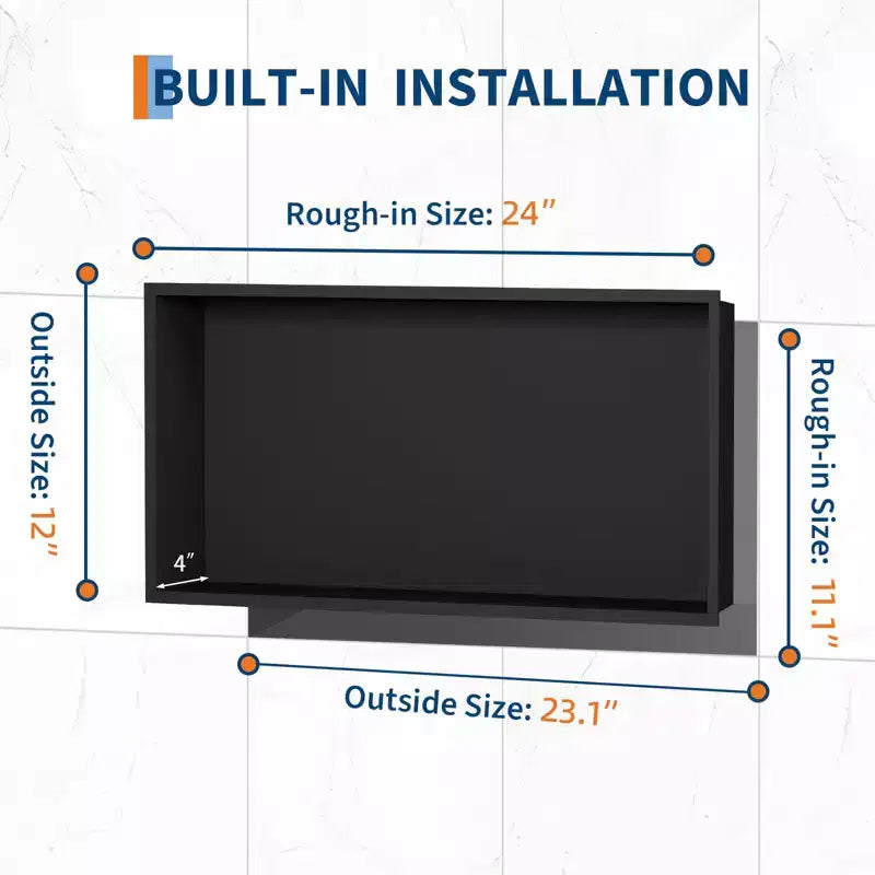Niche de douche en acier inoxydable noir mat moderne 60x30 cm, étagère murale encastrée à niveau unique, installation sans carrelage, rangement de salle de bain, noir mat