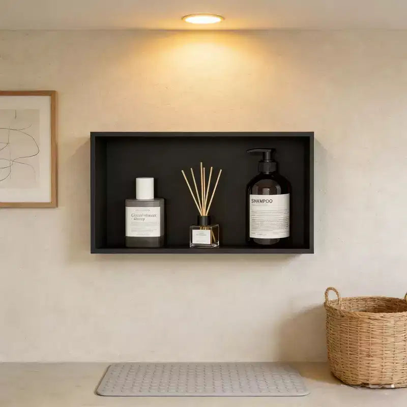 Niche de douche en acier inoxydable noir mat moderne 60x30 cm, étagère murale encastrée à niveau unique, installation sans carrelage, rangement de salle de bain, noir mat