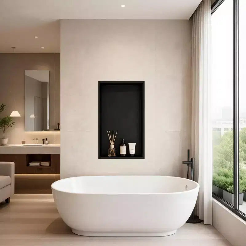 Niche de douche en acier inoxydable noir mat moderne 60x30 cm, étagère murale encastrée à niveau unique, installation sans carrelage, rangement de salle de bain, noir mat