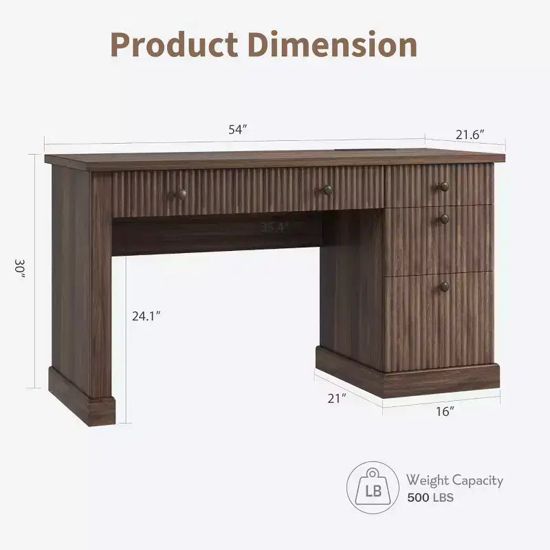 Bureau exécutif cannelé avec tiroirs, bureau d'ordinateur en bois avec grand tiroir de classement, bureau à domicile avec rangement pour le bureau, la chambre, le salon