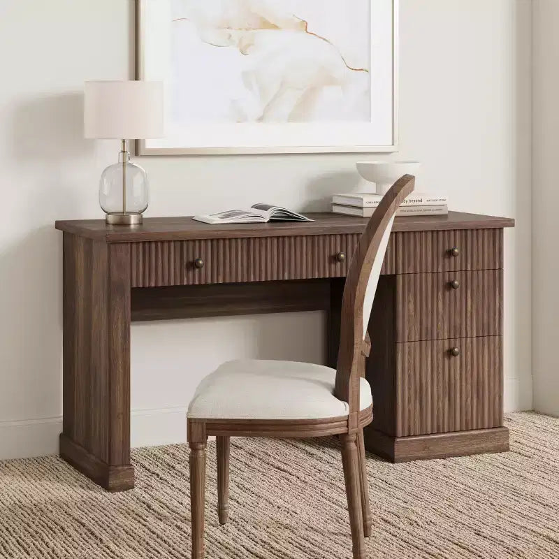 Bureau exécutif cannelé avec tiroirs, bureau d'ordinateur en bois avec grand tiroir de classement, bureau à domicile avec rangement pour le bureau, la chambre, le salon