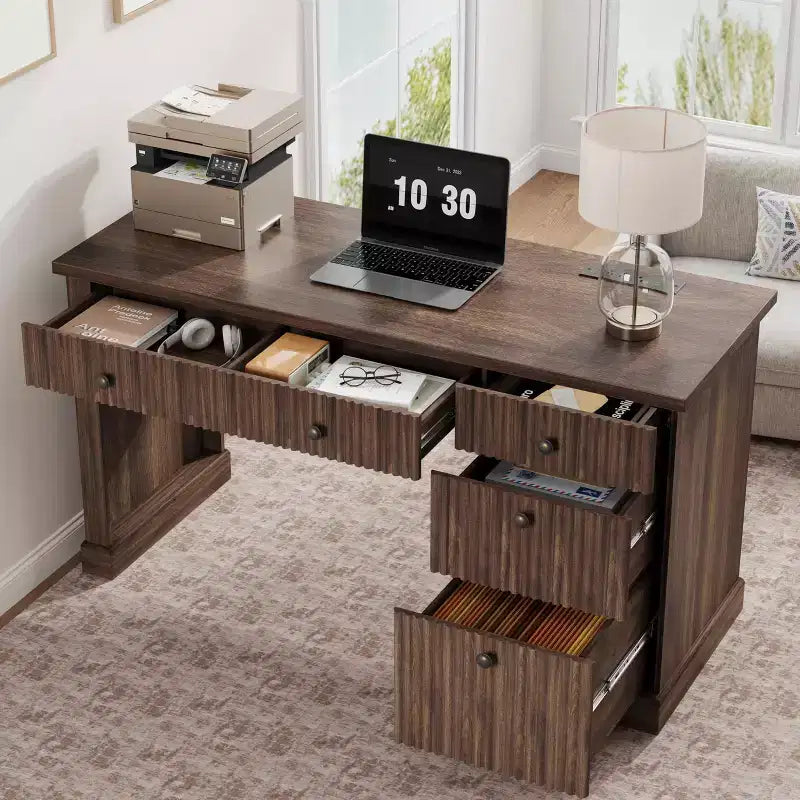 Bureau exécutif cannelé avec tiroirs, bureau d'ordinateur en bois avec grand tiroir de classement, bureau à domicile avec rangement pour le bureau, la chambre, le salon
