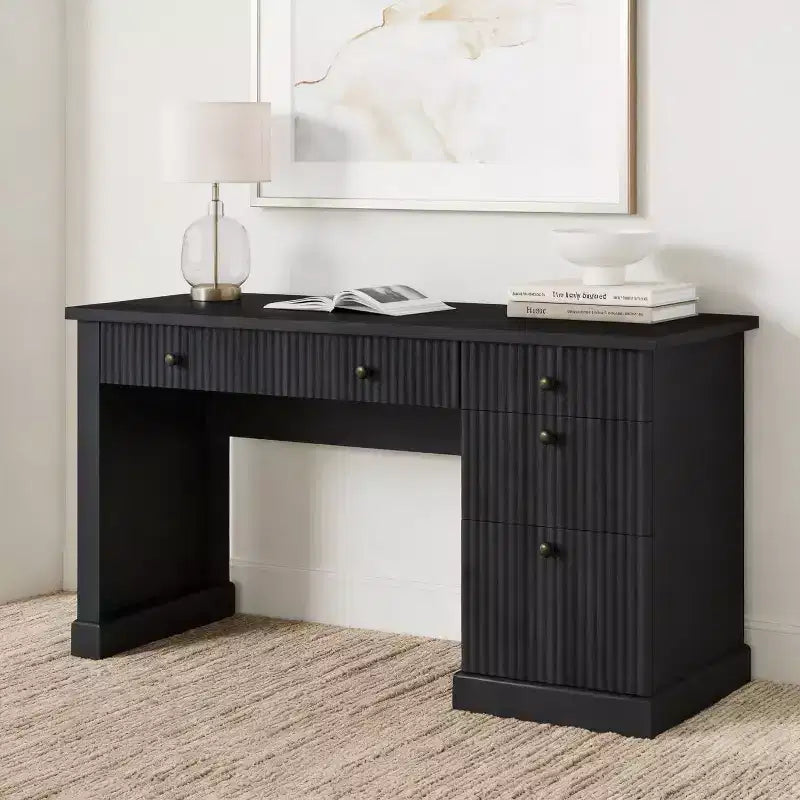 Fluted Executive Desk with Drawers, Wood Computer Desk with Ample File Drawer, Home Office Desk with Storage for Study, Bedroom, Living Room