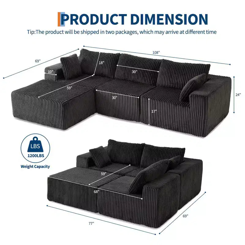 Canapé modulable 108 places en velours côtelé en forme de L avec pouf mobile, aucun assemblage requis, capacité de 544 kg - Gris