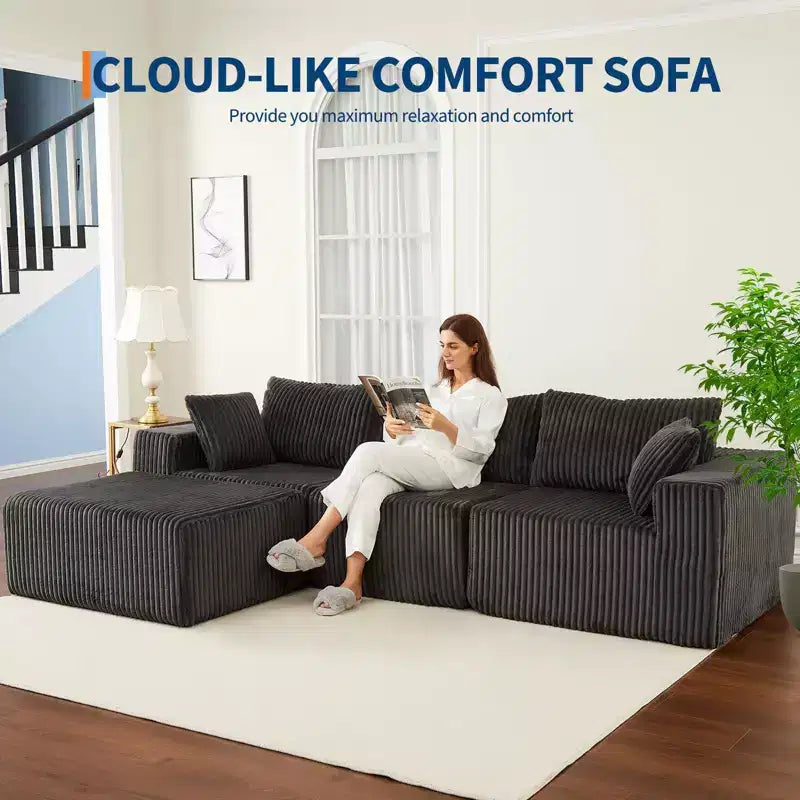 Canapé modulable 108 places en velours côtelé en forme de L avec pouf mobile, aucun assemblage requis, capacité de 544 kg - Gris