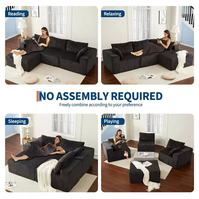 Canapé modulable 108 places en velours côtelé en forme de L avec pouf mobile, aucun assemblage requis, capacité de 544 kg - Gris