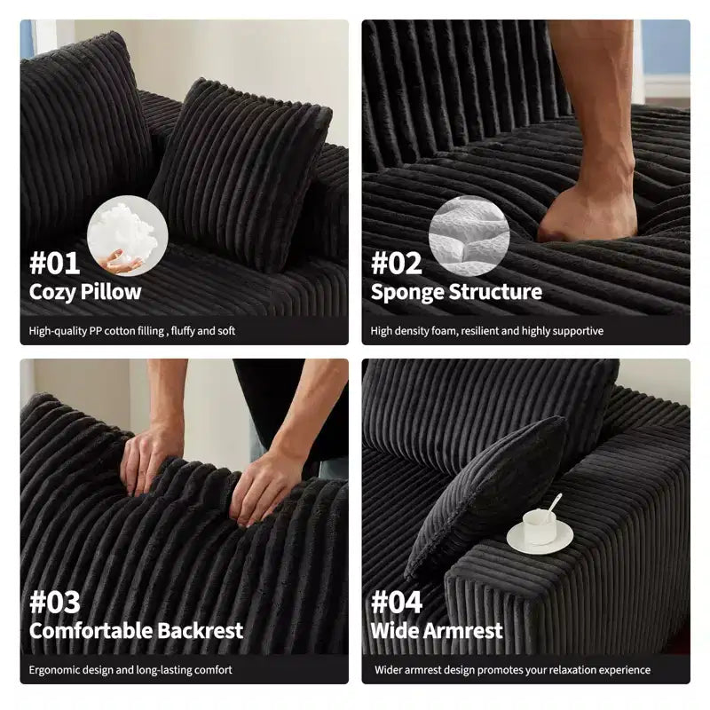Canapé modulable 108 places en velours côtelé en forme de L avec pouf mobile, aucun assemblage requis, capacité de 544 kg - Gris