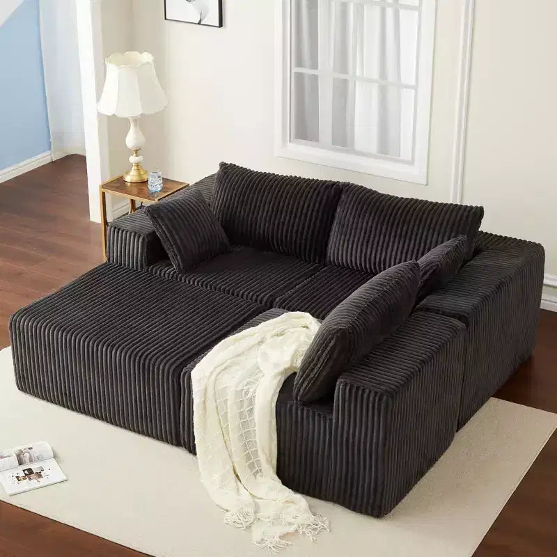 Canapé modulable 108 places en velours côtelé en forme de L avec pouf mobile, aucun assemblage requis, capacité de 544 kg - Gris