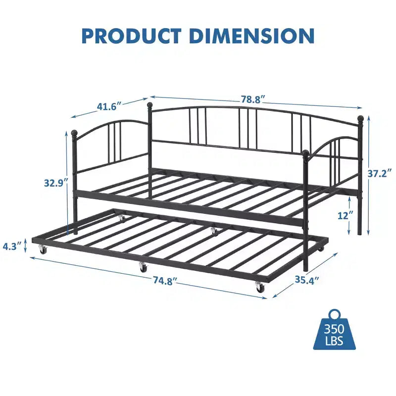 Lit de repos jumeau avec lit gigogne, lit de repos à cadre métallique avec support à lattes en acier, tête de lit arquée, canapé-lit polyvalent pour chambre à coucher, salon ou chambre d'amis
