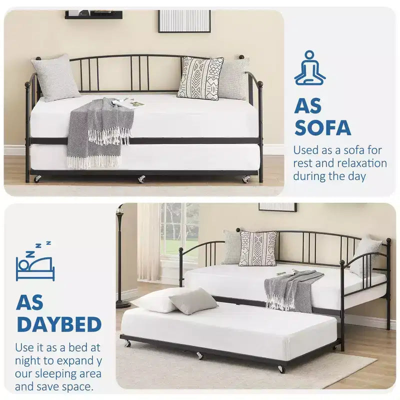 Lit de repos jumeau avec lit gigogne, lit de repos à cadre métallique avec support à lattes en acier, tête de lit arquée, canapé-lit polyvalent pour chambre à coucher, salon ou chambre d'amis