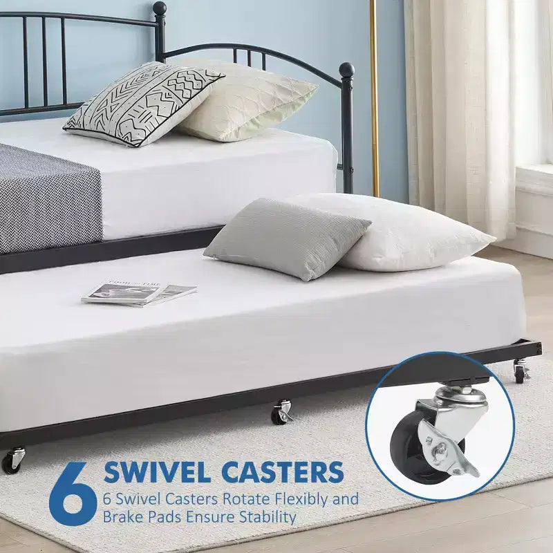 Lit de repos jumeau avec lit gigogne, lit de repos à cadre métallique avec support à lattes en acier, tête de lit arquée, canapé-lit polyvalent pour chambre à coucher, salon ou chambre d'amis