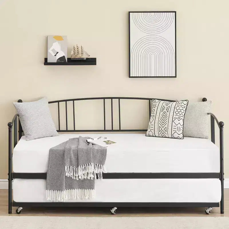 Lit de repos jumeau avec lit gigogne, lit de repos à cadre métallique avec support à lattes en acier, tête de lit arquée, canapé-lit polyvalent pour chambre à coucher, salon ou chambre d'amis