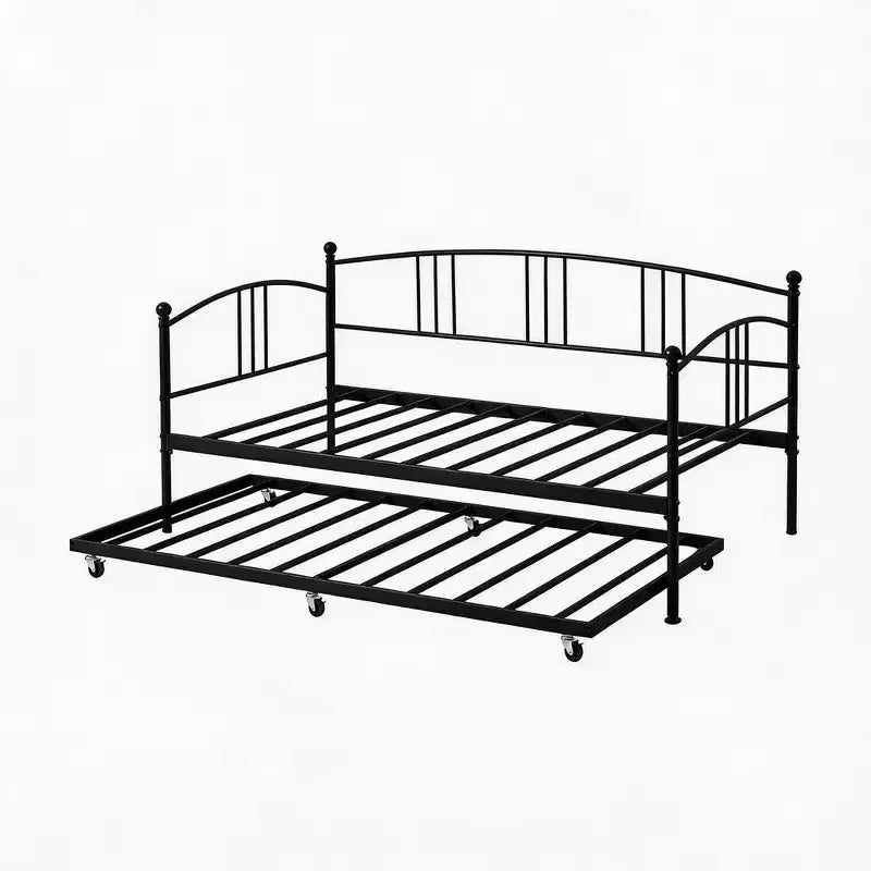 Lit de repos jumeau avec lit gigogne, lit de repos à cadre métallique avec support à lattes en acier, tête de lit arquée, canapé-lit polyvalent pour chambre à coucher, salon ou chambre d'amis