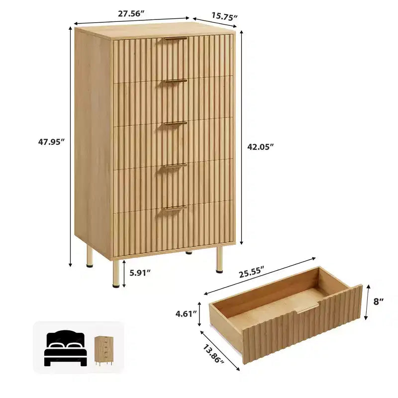 Commode Moderne à 5 Tiroirs Canelés  48" de Haut avec Rangement Profond, Plateau Large, Organisateur