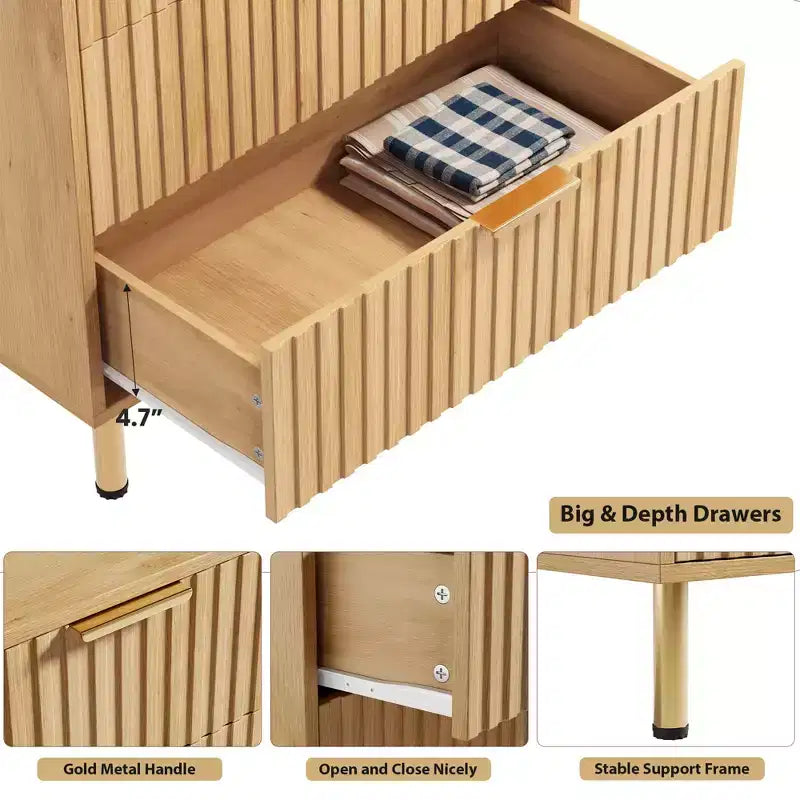 Commode Moderne à 5 Tiroirs Canelés  48" de Haut avec Rangement Profond, Plateau Large, Organisateur