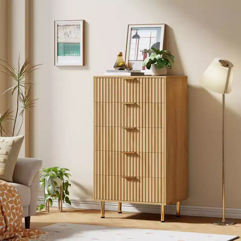 Commode Moderne à 5 Tiroirs Canelés  48" de Haut avec Rangement Profond, Plateau Large, Organisateur