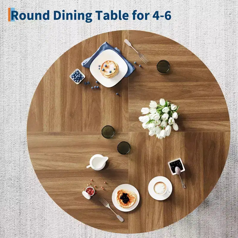 Modern Farmhouse Round Dining Table for 4-6  Walnut Wood, Robust 4-Leg Base  Space-Saving Circle Table for Kitchen, Dining Room, Apartment