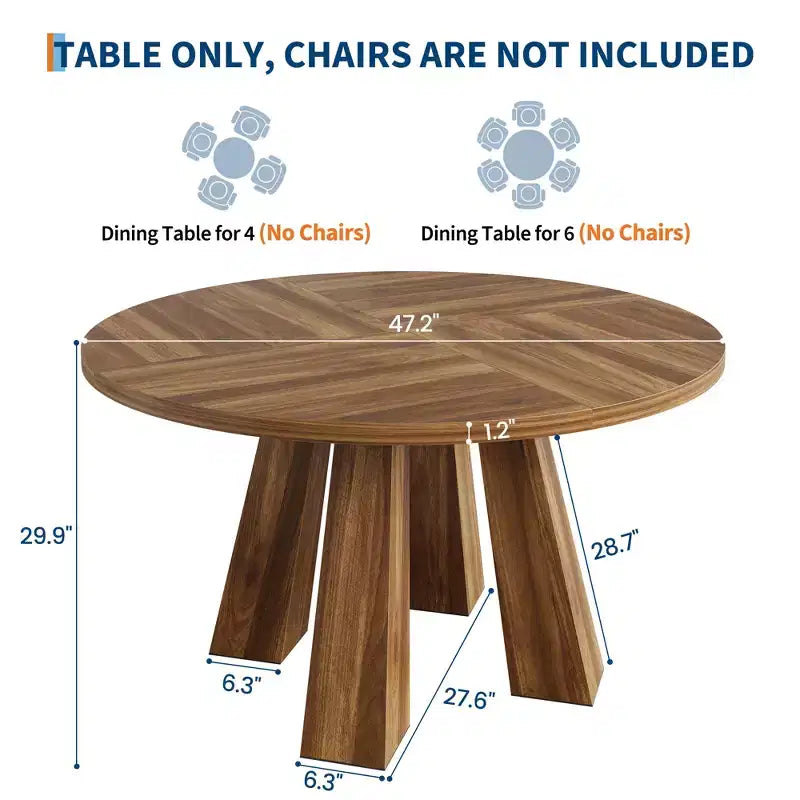 Modern Farmhouse Round Dining Table for 4-6  Walnut Wood, Robust 4-Leg Base  Space-Saving Circle Table for Kitchen, Dining Room, Apartment
