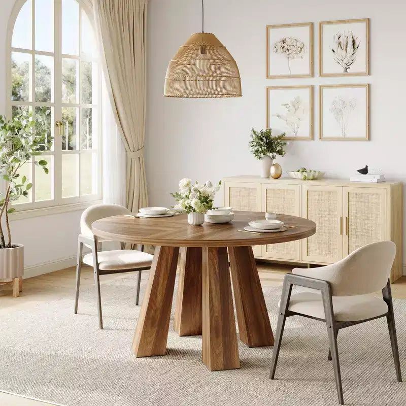 Modern Farmhouse Round Dining Table for 4-6  Walnut Wood, Robust 4-Leg Base  Space-Saving Circle Table for Kitchen, Dining Room, Apartment