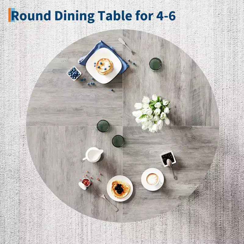 Modern Farmhouse Round Dining Table for 4-6  Walnut Wood, Robust 4-Leg Base  Space-Saving Circle Table for Kitchen, Dining Room, Apartment