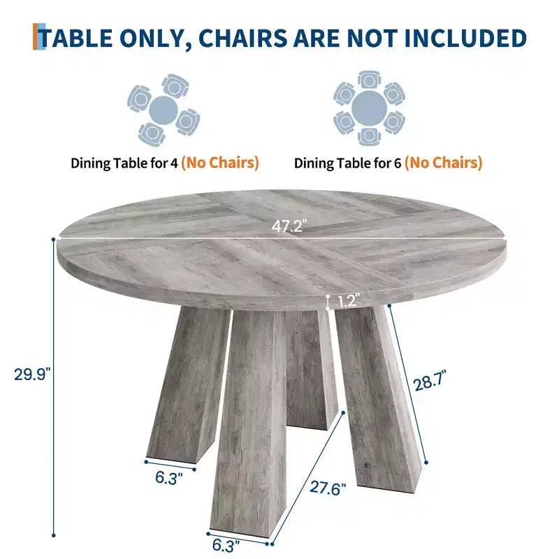 Modern Farmhouse Round Dining Table for 4-6  Walnut Wood, Robust 4-Leg Base  Space-Saving Circle Table for Kitchen, Dining Room, Apartment