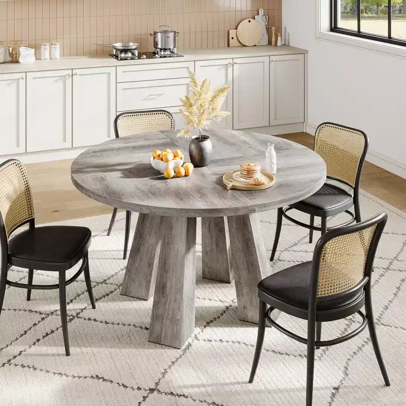 Modern Farmhouse Round Dining Table for 4-6  Walnut Wood, Robust 4-Leg Base  Space-Saving Circle Table for Kitchen, Dining Room, Apartment