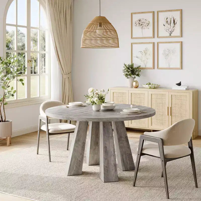 Modern Farmhouse Round Dining Table for 4-6  Walnut Wood, Robust 4-Leg Base  Space-Saving Circle Table for Kitchen, Dining Room, Apartment