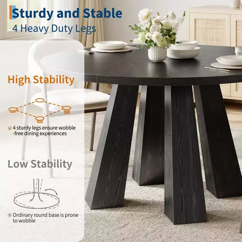Modern Farmhouse Round Dining Table for 4-6  Walnut Wood, Robust 4-Leg Base  Space-Saving Circle Table for Kitchen, Dining Room, Apartment