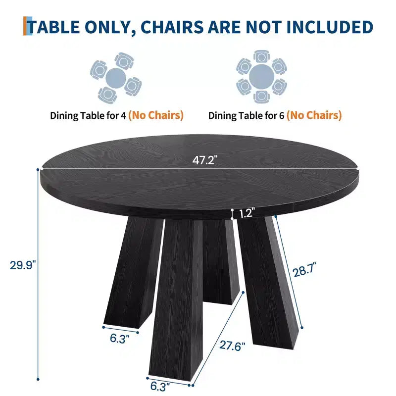 Modern Farmhouse Round Dining Table for 4-6  Walnut Wood, Robust 4-Leg Base  Space-Saving Circle Table for Kitchen, Dining Room, Apartment