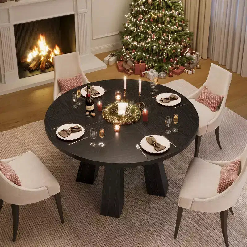 Modern Farmhouse Round Dining Table for 4-6  Walnut Wood, Robust 4-Leg Base  Space-Saving Circle Table for Kitchen, Dining Room, Apartment