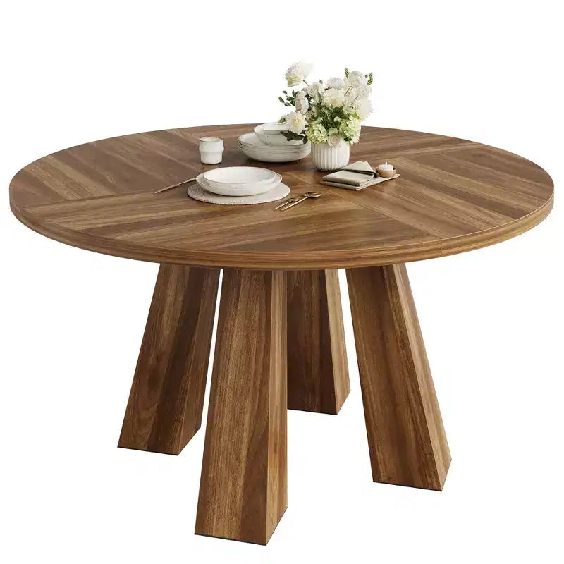 Modern Farmhouse Round Dining Table for 4-6  Walnut Wood, Robust 4-Leg Base  Space-Saving Circle Table for Kitchen, Dining Room, Apartment