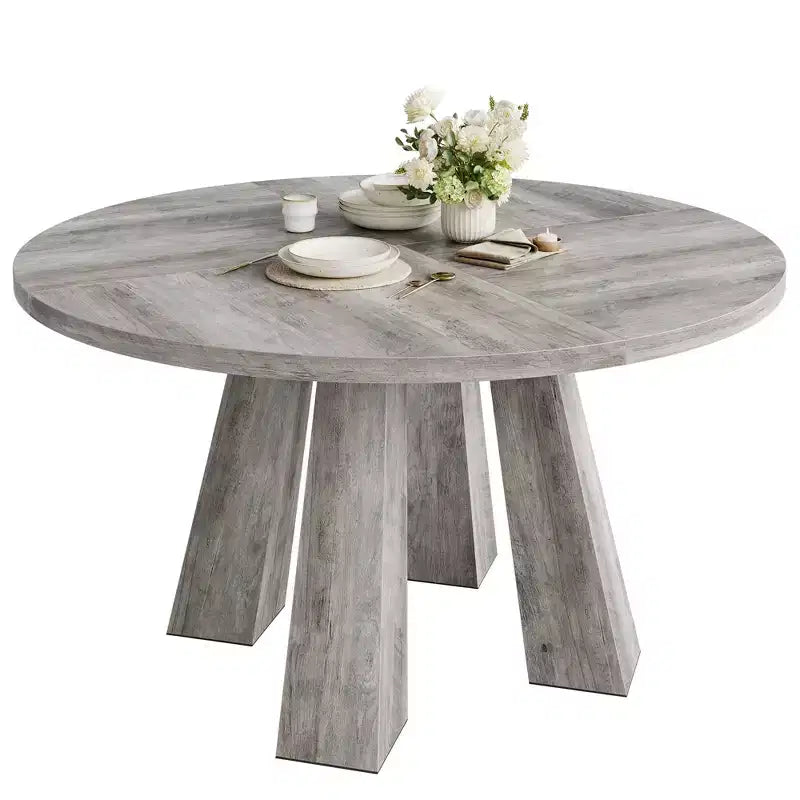 Modern Farmhouse Round Dining Table for 4-6  Walnut Wood, Robust 4-Leg Base  Space-Saving Circle Table for Kitchen, Dining Room, Apartment