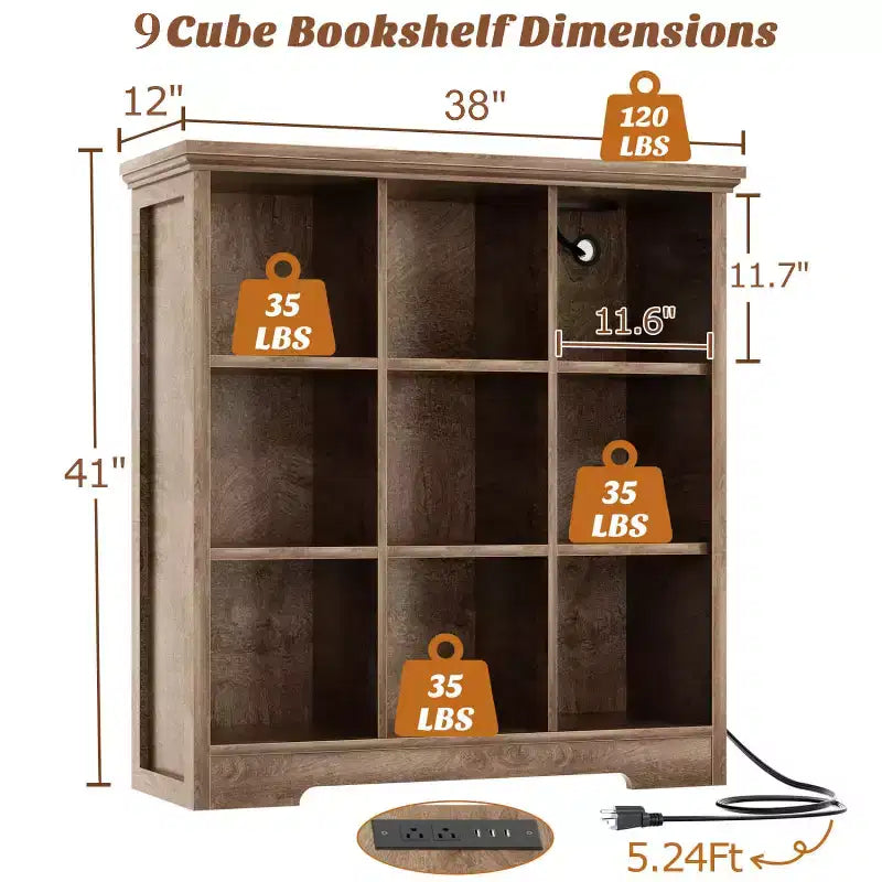 Étagère à livres 9 cubes Besiost avec station de recharge, organisateur de jouets en forme de casier au sol