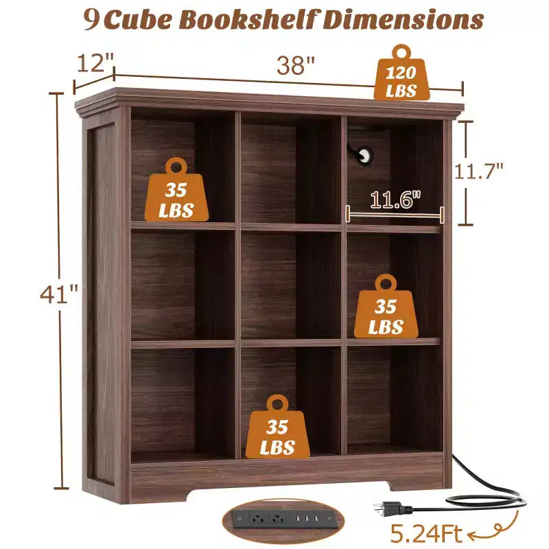 Étagère à livres 9 cubes Besiost avec station de recharge, organisateur de jouets en forme de casier au sol