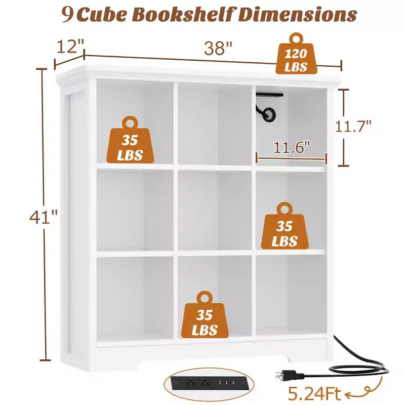 Étagère à livres 9 cubes Besiost avec station de recharge, organisateur de jouets en forme de casier au sol