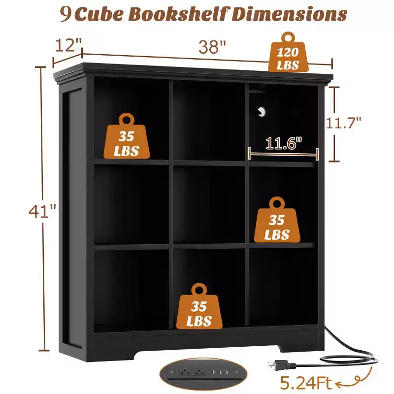 Étagère à livres 9 cubes Besiost avec station de recharge, organisateur de jouets en forme de casier au sol
