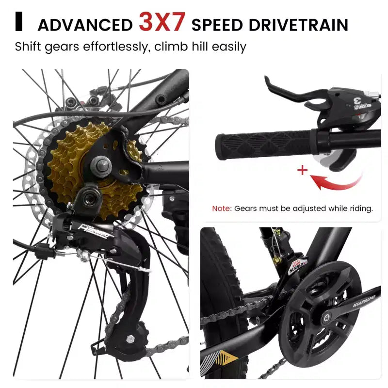Vélo tout terrain NAYSAYE 26 pouces 21 vitesses pour adulte avec cadre en acier à haute teneur en carbone et double frein à disque mécanique, 67*26,5*38