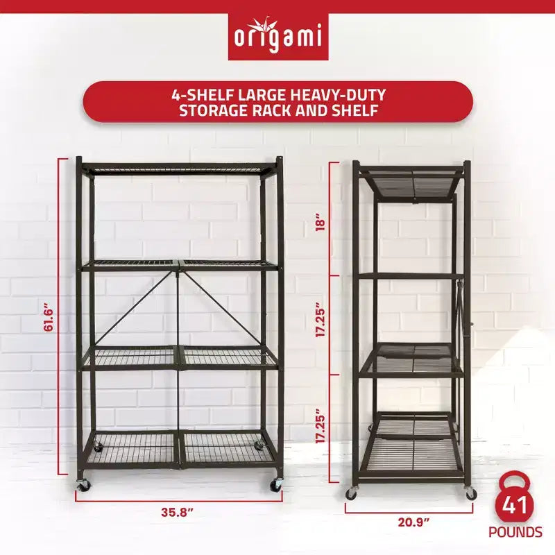 Étagère de rangement pliante multi-usage Origami à 4 niveaux avec roulettes, incluant 4 revêtements imperméables pour étagères métalliques, gris